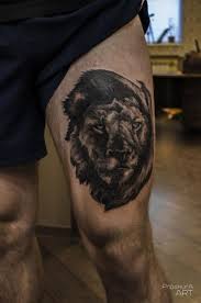 A lion tattoo symbolizes nobility, bravery, pride and regal majesty. Realistic Lion Thigh Tattoo By Proskura Art