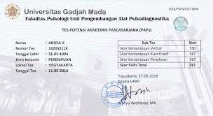 Tes potensi akademik merupakan suatu standar tes yang bertujuan untuk mengukur potensi akademik calon mahasiswa dengan membandingkan potensi. Arofah Pengalaman Tes Paps Ugm