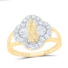 10K Yellow Gold Diamond Virgin Mother Mary Clover Cocktail Ring 15mm Band  1/2 CT