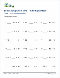 Worksheets and quizzes on subtraction, simple word problems on subtraction for class 1 students, printable worksheets on subtraction class 1 cbse addition subtractions mixed word problems worksheets, online quizzes this workbook contains worksheets on subtraction for grade 1. Subtracting Whole Tens With Missing Numbers Grade 1 Worksheets K5 Learning