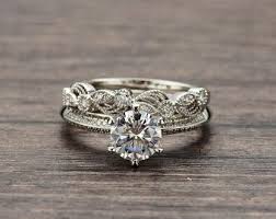 Free Shipping Wedding Set In 18k White Gold And Art Deco Etsy Diamond Alternative Engagement Ring Engagement Rings Affordable 18k White Gold Engagement Rings