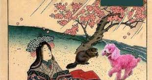 cherry blossoms beavers and pink poodles japanese art kuniyoshi japanese woodcut