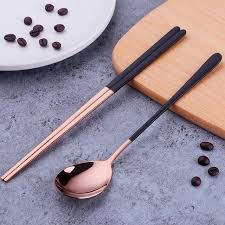 Korean Stainless Steel Reusable Hashi Sushi Chopstick Spoon Set Kitchensetdesign Rose Gold Kitchen Spoon Set Chopsticks