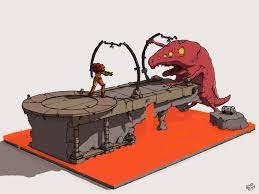 A little diorama of the Crocomire boss fight from Super Metroid. Probably  the most tragic death in the series (art by me, Adamkop) : r/Metroid
