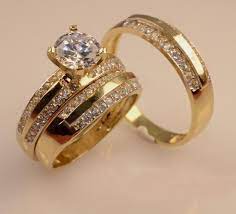 His Her Engagement Wedding Band Trio Ring Set Round Diamond 14k Yellow Gold Over Br925silver Wedding Ring Trio Sets Wedding Ring Trio Wedding Rings Engagement