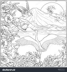 Japanese Landscape With Mount Fuji And Tradition Flowers And A Bird Outline Drawing Coloring Page Coloring Book For Ad Yaponskaya Vyshivka Raskraski Illyustracii The mountain contributes to japan's physical, cultural, and spiritual geography. pinterest