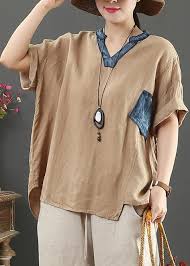 Women's v neck roll up sleeve button down blouses tops. Elegant V Neck Pockets Linen Shirts Women Cotton Khaki Blouses Soolinen