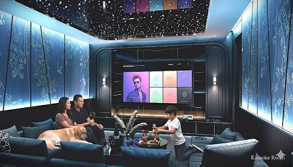 M_mansion, 2025, Karaoke Room / Music Room, “Weekend well spent — music, laughter, and cozy moments under the starry ceiling, A perfect blend of light, texture, and sound — creating a private ...