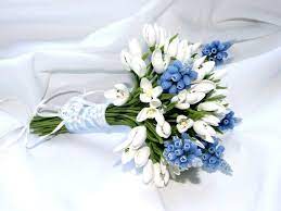 Wedding Bouquet And Boutonniere Set Handmade Bridal Bouquet Bouquet Of Polymer Clay White Snowdrops And Blue Muscari