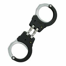 The most difficult handcuffed position to escape from with escape method explanation, hinged handcuffs, double locked, wrist out Asp Steel Hinge Handcuffs Black Frame 56111