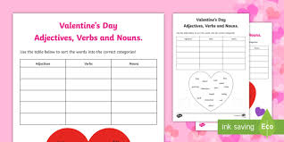 Click on the free valentine's day worksheet you would like to print or download. Valentine S Day Adjectives Verbs And Nouns Worksheet Worksheet