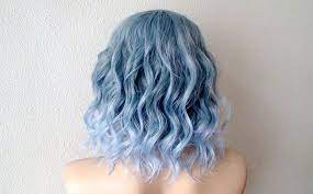 Pastel Grayish Blue Ombre Wig 16 Wavy Hair Wig Heat Friendly Synthetic Hair Wig In 2021 Light Blue Hair Short Blue Hair Hair Styles