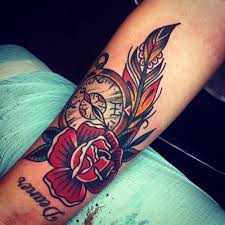Bird Clock And Rose Tattoo Rose Feather Tattoo Google Search Feather Tattoos Watch Tattoos Body Art Tattoos