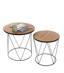 Set De 2 Tables Basses Rondes En Metal Noir Et Bois Plateau Bois Table D Appoint Ronde Table Basse