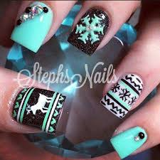 Acrylic Black And Teal Nails Winter Deer Nails Teal Blue Black White Snowflake Nails Xmas Nails Nail Designs