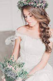 Side Braid With Flower Crown Romantic Wedding Hair Side Braid Wedding Wedding Hairstyles With Veil
