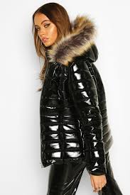 high shine faux fur trim puffer boohoo ファッション ファッション レディース スタイル