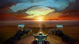 Artistic Psychedelic Motorcycle Bike Sunset Road Landscape Wallpaper Sunset Painting Poster Prints Painting
