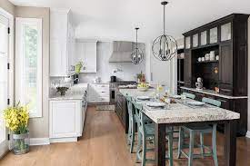 Stationary kitchen islands are the perfect alternative to an expensive kitchen countertop extension and can be found in a wide variety of wood: Teal X Back Counter Stools At Island Extension Dining Table Transitional Kitchen