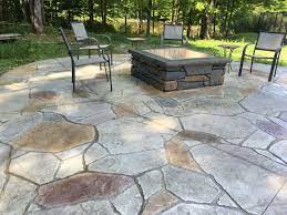 4 X 4 Custom Made Fire Pit Two Tier Arizona Flagstone Stamped Patio W Individually Stained Stone Stamped Concrete Patio Concrete Patio Outdoor Patio Pavers