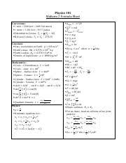 Midterm 2 Formula Sheet Phys 101 Fall 2016 Physics 101