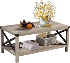 Trestle style all wood tables with metal accent bracing, lower shelves and casters under the coffee table. Buy Lipo Farmhouse Coffee Table Rectangle Rustic Furniture Metal X Mid Century Modern Center Table Industrial End Tables For Patio Outdoor Living Room Clearance Sofa Side Table With Storage Grey Wash Online