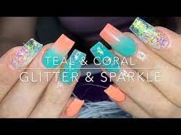 These are holographic nails mixed with other colored nail polish. Coral Teal Acrylic Nail Design Youtube