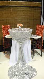 Fun Tall Cocktail With Custom Silver Sequin Linen Wedding Table Linens Cocktail Table Decor Wedding Cocktail Tables