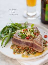 seared ahi tuna with asian avocado salsa foodiecrush
