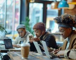 Imagen de diverse group of digital nomads working on laptops in a cafe, with cityscapes in the background