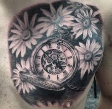 The focus is on finesse as the artists roll up their sleeves and ink victorian style tattoos on human canvases' throats. Pocket Watch And Daisy Tattoo On Chest Grey Shade Daisy Tattoo Tattoos Gold Tattoo