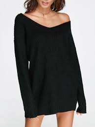Black Oversized Plunging V Neck Knit Sweater Dress Us 22 99 Sweater Dress Knit Sweater Dress Ribbed Sweater Dress