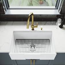 13.25 x 27.5 sink grid. Vigo All In One 30 Square Front Matte Stone Single Bowl Apron Farmhouse Kitchen Sink Set With Gramercy Kitchen Faucet In Matte Brushed Gold Silicone Grid Strainer Soap Dispenser