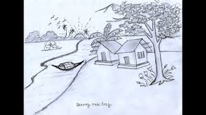 Let's draw this simple hut. How To Draw Village Scene With Pencil Village Scenery Drawing Easy And Fast Youtube