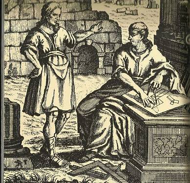 Gravure ancienne représentant un Maître Maçon traçant les plans de l’édifice, symbole de la planche à tracer et du travail opératif – Nos Colonnes