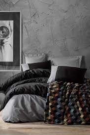 Çift kişilik nevresim takımı (1612). Pamuk Battaniyeli Plain Cift Kisilik Nevresim Takimi Siyah Gri