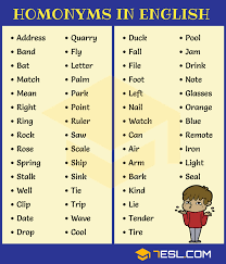 Homonym List Of 300 Homonyms In English With Examples 7 E S L Homonyms Homonyms In English Learn English Words