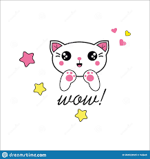 Cute White Cat and Text Wow! Kawaii Positive Emotions. Children`s Print for Clothing, Illustration, Greeting Card Vector Illustrat Stock Vector - Illustration of japanese, creative: 204923525