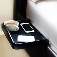 Bedside Shelf Clip On Attachable Tray Table With Built In Cup Holder And Phone Cable Slot Tiny Bedroom Storage Small Bedroom Storage Storage Solutions Bedroom