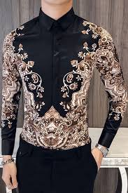 Black And Gold Mens Dress Shirt Lapel Golden Print Vintage Luxury Men S Shirt Casual Shirts For Men Mens Shirts Slim Fit Mens Shirts