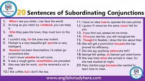 20 sentences of subordinating conjunctions subordinating