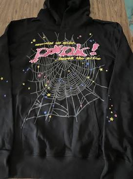 The signature puff print and elaborate screen-printed web layout on a classic Sp5der hoodie., AI generated