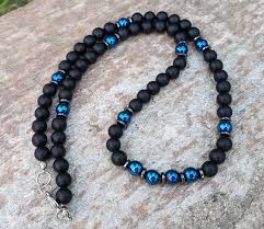 Black And Blue Stones Mens Beaded Necklace Mens Black Onyx Blue Hematite Necklace Healing Stones Jewelry Mens Jewelry Men In 2020 Mens Beaded Necklaces Men S Necklace Healing Stones Jewelry