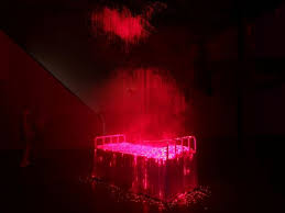 Bright Red Lights Illuminate A Bed Covered In Eerie Mist Chinese Artists Asian Sculptures Nature Images