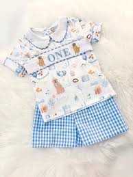 The Mod Mango Baby Co. Golden Retriever 1st Birthday Outfit: Boys Smocked Puppy Shirt and Shorts, One Golden Year - 6-12M