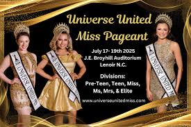 Get your appointed State/Regional title today. Universe United Miss  International Pageant July 17-19th, 2025 at theJE Broyhill Civic Center  Auditorium in Lenoir, NC. Enter today and receive your custom  state/Regional crown and