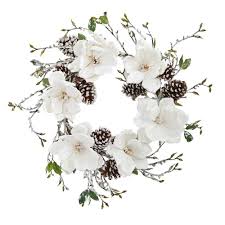 Faux greenery wreath, farmhouse wreath. Nearly Natural Home Decorative Seasonal Christmas 24 Snowed Magnolia Pine Cone Artificial Faux Wreath