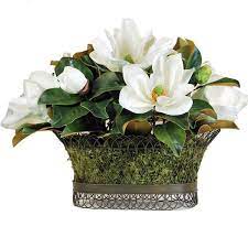 Featuring All Stages Of The Magnolia Bloom This Abundant Arrangement Basket Flower Arrangements Artificial Floral Arrangements Artificial Flower Arrangements