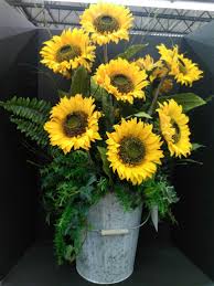 Galvanized Bucket And Sunflower Arrangement By Teresa In Our Voorhees Nj Store Visit Your Sunflower Arrangements Yellow Flower Arrangements Outdoor Flowers