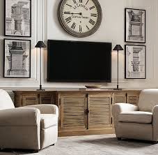 Rh 39 S Shutter Media Console Angled Louvers An Architectural Detail First Used In Ancient Greece Have Found Decor Around Tv Living Room Tv Living Room Wall